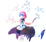  baku_(creature) blue_eyes blue_hair bug butterfly doremy_sweet dress full_body hat insect nightcap nr_(cmnrr) short_hair short_sleeves socks solo tapir touhou transparent_background 