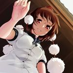  blush breast_pocket breasts brown_hair day from_below grin hand_up hat highres looking_at_viewer medium_breasts nuqura perspective pocket pov red_eyes ribbon shameimaru_aya shirt short_hair short_sleeves smile solo tokin_hat touhou upper_body white_shirt 