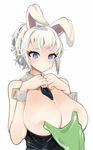  alternate_costume animal_ears bare_shoulders battle_bunny_riven blue_eyes breast_poke breasts bunny_ears bunnysuit carrot cleavage covering_nipples huge_breasts jorin league_of_legends poking riven_(league_of_legends) short_hair simple_background solo_focus tears white_background white_hair zac 