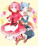  1girl animal_ears big_bad_wolf big_bad_wolf_(cosplay) big_bad_wolf_(grimm) blue_eyes blue_hair blush braid brother_and_sister cosplay dorothy_west full_body grimm's_fairy_tales highres hood leona_west little_red_riding_hood little_red_riding_hood_(grimm) little_red_riding_hood_(grimm)_(cosplay) mgmgkyun mole mole_under_eye open_mouth otoko_no_ko pink_eyes pink_hair pretty_(series) pripara short_hair siblings smile tail twins wolf_ears wolf_paws wolf_tail 