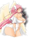  breasts choker cleavage commentary_request dress feathered_wings gloves highres kaname_madoka large_breasts looking_at_viewer mahou_shoujo_madoka_magica midriff oman_(evld) partial_commentary pink_hair ponytail smile solo space ultimate_madoka white_dress white_gloves wings yellow_eyes 