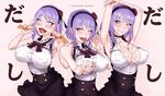 ahegao arms_up between_breasts blue_eyes blush breasts cleavage cupping_hand dagashi_kashi double_v fellatio_gesture flower food food_on_clothes food_on_face hair_flower hair_ornament hairband large_breasts looking_at_viewer messy oishinbo open_mouth popsicle purple_hair sexually_suggestive shidare_hotaru short_hair shoujo_donburi smile solo suggestive_fluid tongue tongue_out umaibou v 
