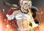  abs axe bandages biceps dark_skin deviantart_sample facial_mark fire fire_emblem fire_emblem_if hayame_(m_ayame) image_sample jewelry multicolored_hair necklace red_eyes red_hair rinka_(fire_emblem_if) sarashi solo two-tone_hair weapon white_hair 