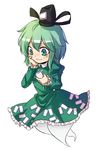  absurdres blush chibi commentary_request dress eating ghost ghost_tail green_dress green_eyes green_hair hand_on_own_cheek hat highres japanese_clothes juliet_sleeves koissa long_sleeves puffy_sleeves radish smile soga_no_tojiko solo tate_eboshi touhou white_background 