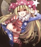  :d american_flag american_flag_dress american_flag_legwear blonde_hair brown_background clownpiece collar eyebrows eyebrows_visible_through_hair fairy fairy_wings flag_print fur_trim groin hat hips janne_cherry jester_cap long_hair long_sleeves looking_at_viewer navel no_panties open_mouth pantyhose pantyhose_pull polka_dot polka_dot_hat red_eyes simple_background smile solo standing star star_print stomach striped striped_legwear sweatband teeth touhou tsurime v v_over_eye very_long_hair wings 