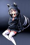  animal_ears collarbone commentary_request contemporary eating food hood hoodie inubashiri_momiji koissa looking_at_viewer miniskirt pleated_skirt popsicle red_eyes short_hair silver_hair sitting skirt solo tail thighhighs touhou white_legwear wolf_ears wolf_tail zettai_ryouiki 