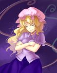  blonde_hair closed_eyes commentary_request crossed_arms dress hat highres koissa long_hair maribel_hearn mob_cap purple_dress short_sleeves smile solo touhou upper_body 