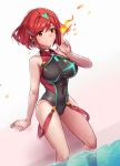  1girl absurdres bangs black_swimsuit breasts casual_one-piece_swimsuit competition_swimsuit covered_navel earrings fire headpiece highleg highleg_swimsuit highres homura_(xenoblade_2) jewelry kiiro_kimi large_breasts looking_at_viewer nintendo one-piece_swimsuit red_eyes red_hair short_hair shoulder_armor smile solo swept_bangs swimsuit tiara xenoblade_(series) xenoblade_2 