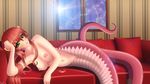  absurdres bare_shoulders blacksaikou blush breasts couch head_rest highres lamia long_hair looking_at_viewer lying miia_(monster_musume) monster_girl monster_musume_no_iru_nichijou navel nipples nude on_side parted_lips pillow pointy_ears pussy red_hair scales slit_pupils solo window yellow_eyes 