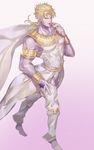  armband barefoot blonde_hair candy cape dio_brando egyptian_clothes facial_mark food gradient gradient_background heaven_ascended_dio jojo_no_kimyou_na_bouken jojo_no_kimyou_na_bouken:_eyes_of_heaven knee_pads lollipop long_hair male_focus pink_background purple_skin scar solo star tazawa_(odamura) tongue wrist_cuffs yellow_eyes 