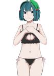  ass_visible_through_thighs bare_shoulders black_bra black_panties blue_eyes body_blush bra breasts cat_cutout cat_ear_panties cat_lingerie cleavage cleavage_cutout green_eyes green_hair groin hair_bobbles hair_ornament hands_on_own_chest hands_up hat hips kawashiro_nitori large_breasts meme_attire navel panties short_hair shoulder_blush side-tie_panties simple_background solo stomach thigh_gap thighs touhou twintails two_side_up underwear underwear_only white_background yayu_lianwa 