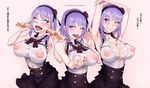 ahegao arms_up between_breasts blue_eyes blush breasts cleavage covered_nipples cupping_hand dagashi_kashi double_v fellatio_gesture flower food food_on_clothes food_on_face hair_flower hair_ornament hairband inverted_nipples large_breasts looking_at_viewer messy no_bra oishinbo open_mouth popsicle purple_hair see-through sexually_suggestive shidare_hotaru short_hair shoujo_donburi smile solo suggestive_fluid tongue tongue_out translation_request umaibou v 