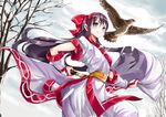  ainu_clothes bird black_hair blue_eyes bow fingerless_gloves gloves hair_bow hair_ribbon hairband hawk long_hair mamahaha nakoruru red_bow ribbon ruri_(rukiafile) samurai_spirits solo sword weapon 