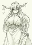  blush breasts cleavage cowboy_shot curtsey danua draph dress elbow_gloves gloves granblue_fantasy horn_ornament horns jewelry large_breasts long_hair monochrome necklace pas_(paxiti) pointy_ears solo spaghetti_strap 