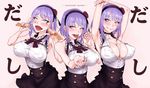  ahegao arms_up between_breasts blue_eyes blush breasts cleavage cupping_hand dagashi_kashi double_v fellatio_gesture flower food hair_flower hair_ornament hairband large_breasts looking_at_viewer oishinbo open_mouth popsicle purple_hair sexually_suggestive shidare_hotaru short_hair shoujo_donburi smile solo tongue tongue_out umaibou v 