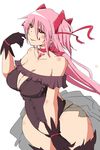  black_gloves black_sclera breasts choker cleavage dark_persona gloves heterochromia kaname_madoka kriemhild_gretchen large_breasts long_hair looking_at_viewer mahou_shoujo_madoka_magica no_pants oman_(evld) panties personification pink_eyes pink_hair skindentation smile solo two_side_up ultimate_madoka underwear yellow_eyes 