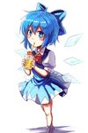  ahoge blue_bow blue_dress blue_eyes blue_hair blush bow bowtie cirno commentary_request dress drinking drinking_straw hair_bow highres ice ice_wings koissa looking_at_viewer puffy_short_sleeves puffy_sleeves red_bow short_hair short_sleeves solo touhou wings 
