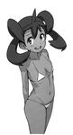 1girl bare_legs bikini breasts dark_skin female flat_chest looking_at_viewer monochrome nintendo pokemon sana_(pokemon) small_breasts smile solo swimsuit tamagoroo_(funifuni_labo) 
