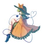  bow commentary_request frilled_sleeves frills green_eyes green_hair hat hat_bow hat_ribbon heart heart_of_string highres knees_up koissa komeiji_koishi long_sleeves looking_at_viewer profile ribbon short_hair skirt solo third_eye touhou white_background wide_sleeves 