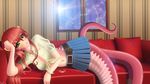  absurdres belt blacksaikou blush breasts casual cleavage couch head_rest highres lamia long_hair looking_at_viewer lying miia_(monster_musume) monster_girl monster_musume_no_iru_nichijou navel on_side parted_lips pillow pointy_ears red_hair scales shirt skirt slit_pupils solo tied_shirt window yellow_eyes 