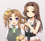  brown_eyes brown_hair comb combing double-breasted hair_ribbon jintsuu_(kantai_collection) kagerou_(kantai_collection) kantai_collection long_hair multiple_girls open_mouth plum_(arch) purple_eyes remodel_(kantai_collection) ribbon school_uniform serafuku short_sleeves smile twintails vest yellow_ribbon 