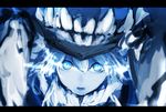  bangs blue_eyes close-up collar commentary_request glowing glowing_eyes hair_between_eyes headgear highres hometa kantai_collection looking_at_viewer open_mouth shinkaisei-kan solo teeth white_hair wo-class_aircraft_carrier 