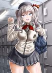  alternate_costume bag beret blue_eyes breasts cardigan hat kantai_collection kashima_(kantai_collection) kasugano_tobari large_breasts locker long_hair miniskirt pleated_skirt school_bag school_uniform shoe_locker silver_hair skirt solo sweater twintails wavy_hair 