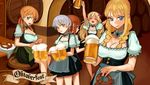  &gt;_&lt; :d absurdres alcohol apron arms_up back-to-back bangs barrel beer beer_mug bismarck_(kantai_collection) blonde_hair blue_eyes blush braid breasts brown_hair choker cleavage closed_eyes closed_mouth cup dirndl dress drunk fang food german german_clothes gom_(kooskoo) green_eyes hair_ornament highres holding holding_cup holding_food indoors iron_cross kantai_collection large_breasts long_hair looking_at_viewer multiple_girls oktoberfest open_mouth orange_hair plate pretzel prinz_eugen_(kantai_collection) puffy_short_sleeves puffy_sleeves ro-500_(kantai_collection) short_hair short_sleeves silver_hair sitting smile spill standing table twin_braids twintails underbust waist_apron z1_leberecht_maass_(kantai_collection) z3_max_schultz_(kantai_collection) 