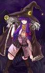  alternate_costume belt black_legwear blue_bow bow breasts commentary_request contrapposto fur_coat hair_bow hat highres knife koissa large_breasts long_hair looking_at_viewer patchouli_knowledge purple_eyes purple_hair red_bow sidelocks smile solo standing thighhighs touhou witch_hat 