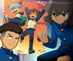  ^_^ armband_removed blue_gakuran brown_hair closed_eyes dirty gakuran headband inazuma_eleven_(series) inazuma_eleven_go male_focus matsukaze_tenma mizuhara_aki multiple_boys nishizono_shinsuke open_mouth raimon raimon_soccer_uniform raimon_track_suit sangoku_taichi school_uniform shindou_takuto soccer_uniform sportswear track_suit translation_request 