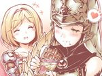  blonde_hair blush chocolate closed_eyes crumbs djeeta_(granblue_fantasy) eating granblue_fantasy hairband heart helmet kibushi multiple_girls pink_hairband vohu_manah yellow_eyes 