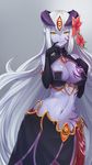  alisfieze_fateburn_xvi black_gloves breasts cleavage elbow_gloves flower gloves hair_flower hair_ornament highres horns jiffic lamia large_breasts lips long_hair looking_at_viewer mon-musu_quest! monster_girl navel pointy_ears purple_skin silver_hair simple_background smile solo tattoo very_long_hair 