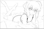  ahoge artoria_pendragon_(all) ass bad_id bad_pixiv_id bed bed_sheet bow bra breasts cleavage closed_mouth collarbone eyebrows eyebrows_visible_through_hair fate/stay_night fate_(series) feet_up greyscale hair_bow head_tilt lineart looking_at_viewer lying magicians_(zhkahogigzkh) monochrome on_bed on_stomach panties pillow saber short_hair simple_background small_breasts smile solo thighhighs tsurime underwear underwear_only white_background 
