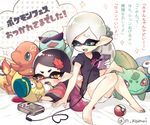  2girls :d :o aori_(splatoon) black_hair black_shirt blue_hat bulbasaur buttons cable casual character_doll charmander cousins denchinamazu domino_mask eyebrows fang full_body fume game_boy gen_1_pokemon green_eyes hair_ornament hair_scrunchie hairpin handheld_game_console hat heart heart_of_string hotaru_(splatoon) lying mask multiple_girls n_kamui object_hug on_stomach open_mouth pointy_ears poke_ball poke_ball_(generic) pokemon pokemon_(creature) pokemon_(game) pokemon_rgby ponytail screen scrunchie shirt short_shorts short_sleeves shorts silver_hair sitting smile sparkle splatoon_(series) splatoon_1 squirtle stitches stuffed_toy sunglasses t-shirt teardrop tears tentacle_hair thick_eyebrows toes tooth translated twitter_username yellow_eyes 