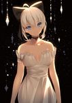  ahoge arms_at_sides artoria_pendragon_(all) bad_id bad_pixiv_id bare_shoulders black_background black_choker blonde_hair blue_eyes bow breasts choker cleavage cowboy_shot dress fate/stay_night fate_(series) hair_bow head_tilt looking_at_viewer medium_breasts off_shoulder ronopu saber sleeveless sleeveless_dress smile solo star_(sky) white_dress 