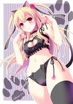  alisa_reinford animal_ears bell black_legwear blonde_hair blush breasts cat_cutout cat_ear_panties cat_ears cat_lingerie cat_tail cleavage_cutout eiyuu_densetsu hair_ribbon jingle_bell long_hair looking_at_viewer medium_breasts meme_attire morisaki_kurumi navel panties paw_pose red_eyes resizing_artifacts ribbon sen_no_kiseki side-tie_panties smile solo tail thighhighs twitter_username two_side_up underwear 