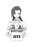  1girl braid bullets jinx_(league_of_legends) league_of_legends long_hair monochrome simple_background solo tattoo twin_braids twintails 