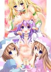  blonde_hair blue_eyes blush breast_rest breasts breasts_on_head brown_hair choujigen_game_neptune_mk2 d-pad d-pad_hair_ornament hair_ornament hat large_breasts long_hair looking_at_viewer multiple_girls navel nepgear neptune_(series) nipples no_bra open_clothes open_mouth open_shirt purple_eyes purple_hair ram_(choujigen_game_neptune) rom_(choujigen_game_neptune) shirt short_hair siblings sisters smile twins vert yuri zinan 