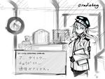  1girl adapted_costume alternate_costume artist_name blue_eyes clipboard commentary_request deel_(rkeg) kantai_collection looking_at_viewer monochrome office parody pen shinkaisei-kan translation_request twitter_username uniform wavy_hair wo-class_aircraft_carrier 