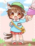  :3 :d alternate_costume animal_ears bag beret brown_eyes brown_hair cat_ears cat_tail chen commentary fang green_hat hat holding_hands ibaraki_natou kindergarten_bag kindergarten_uniform multiple_tails name_tag nekomata open_mouth out_of_frame red_skirt short_hair skirt smile solo_focus tail touhou two_tails white_legwear younger 