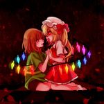  androgynous brown_hair chara_(undertale) crossover flandre_scarlet holding_hands looking_at_another open_mouth red_eyes ribbon seiza shan shirt sitting spoilers striped striped_shirt touhou trait_connection undertale wings 