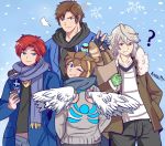 belt blue_eyes brown_hair castlevania castlevania:_rondo_of_blood fire_emblem fire_emblem:_fuuin_no_tsurugi fire_emblem_if gloves headband karbuitt kid_icarus kid_icarus_uprising looking_at_viewer male_focus male_my_unit_(fire_emblem_if) mamkute multiple_boys my_unit_(fire_emblem_if) new_year nintendo open_mouth pit_(kid_icarus) pointy_ears red_eyes red_hair richter_belmondo roy_(fire_emblem) scarf short_hair smile snow super_smash_bros. super_smash_bros._ultimate white_hair wings winter_clothes 
