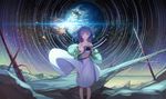  abstract bare_shoulders blue_hair blurry broken camera depth_of_field dress dress_lift earth floating_hair highres holding jacket looking_at_viewer mt_(ringofive) original planet purple_eyes shooting_star sky sleeveless solo star_(sky) star_trail starry_sky white_dress wind 