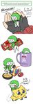 1girl :o absurdres airalin_(mark_folks) amiibo black_gloves blue_eyes blush buttons clenched_hand clothes_writing coffee_mug commentary cup eating empty_eyes english engrish facial_hair faux_figurine fingerless_gloves fingernails fireball flat_cap gameplay_mechanics gardevoir gen_1_pokemon gen_3_pokemon gen_5_pokemon gloves hat highres in_container in_cup in_palm joltik koffing long_sleeves m&amp;m's mario mario_(series) mark_folks minigirl mug mustache open_mouth overalls package peeking_out pokemon pokemon_(creature) pokemon_(game) pokemon_bw pokemon_rse pun ranguage red_hat solo_focus sparkle speech_bubble standing super_mario_bros. super_smash_bros. talking text_focus v-shaped_eyebrows white_gloves 