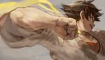  brown_eyes brown_hair burari choker clenched_hand commentary_request dougi fighting_stance foreshortening glaring headband makoto_(street_fighter) muscle ribbon_choker scarf short_hair solo street_fighter tomboy 