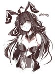  ahoge alternate_costume arms_behind_back artist_name blush breasts bridal_gauntlets brown_hair bunnysuit cleavage collar commentary_request deel_(rkeg) double_bun frown green_eyes highres kantai_collection kongou_(kantai_collection) long_hair medium_breasts monochrome solo twitter_username 