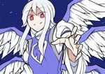  :d angel_wings bright_pupils commentary_request dress grin kenuu_(kenny) long_hair looking_at_viewer multiple_wings open_mouth outstretched_hand red_eyes sariel silver_hair smile solo touhou touhou_(pc-98) white_pupils wings 