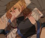  arm_warmers bed bed_sheet blonde_hair blush dark female_pov green_eyes hair_between_eyes hand_to_own_mouth hoshiguma_yuugi looking_away mizuhashi_parsee multiple_girls off_shoulder pointy_ears pov rex_k scarf sheet_grab short_hair shy touhou wrist_grab yuri 