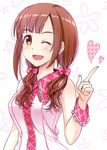  alternate_hairstyle brown_eyes brown_hair idolmaster idolmaster_cinderella_girls igarashi_kyouko long_hair low_twintails mintol_(qool+) one_eye_closed open_mouth pink_check_school smile solo twintails 