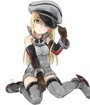  anchor bismarck_(kantai_collection) blonde_hair blue_eyes brown_gloves detached_sleeves gloves grey_legwear hat highres kantai_collection long_hair looking_at_viewer military military_hat military_uniform nakagomiyuki415 peaked_cap simple_background sitting smile solo thighhighs uniform wariza white_background younger 